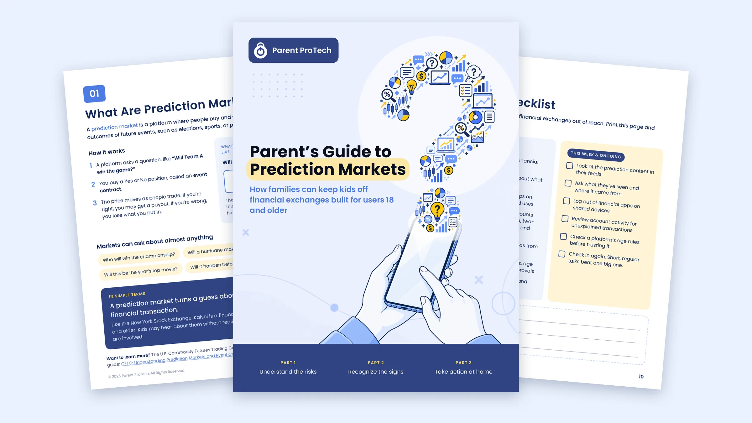 Pages from the Parent’s Guide to Prediction Markets: the cover, “What Are Prediction Markets?” and the parent checklist