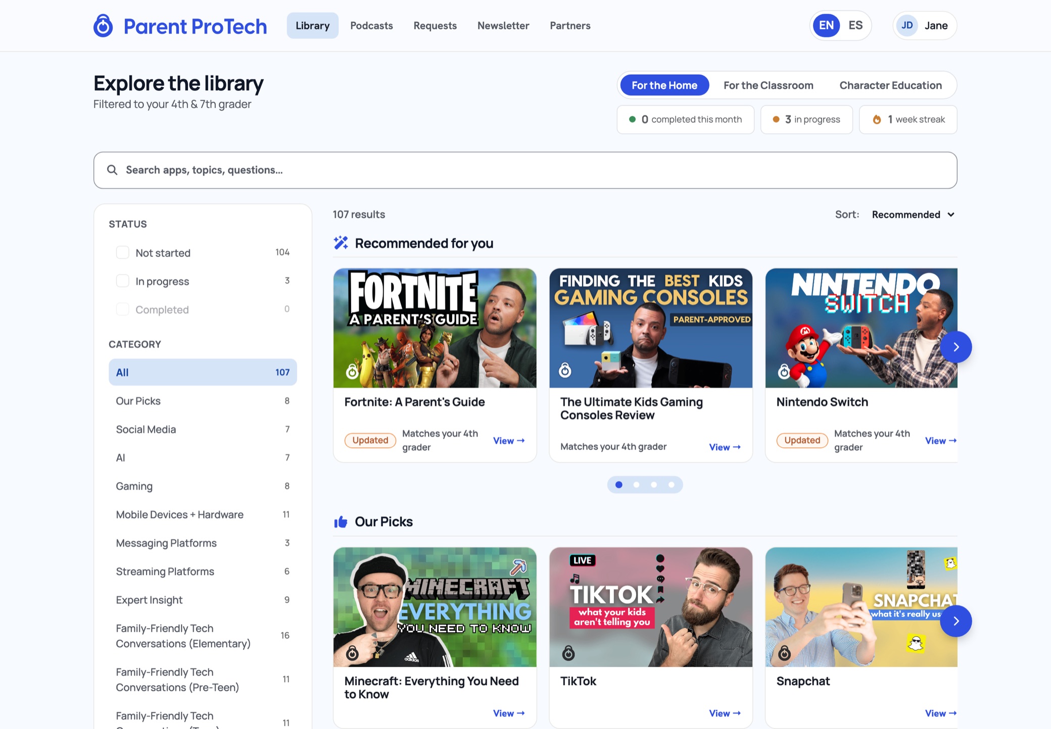 The Parent ProTech course library, with recommended video guides for families