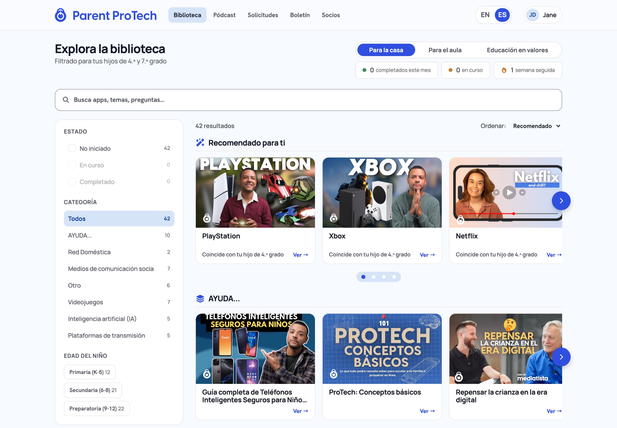 La biblioteca de cursos de Parent ProTech, con guías en video recomendadas para familias
